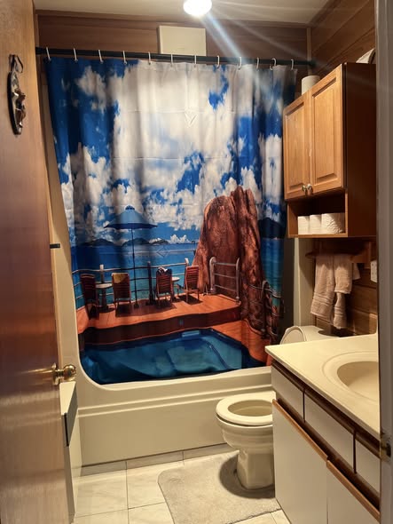 Bathroom before: tub with shower curtain