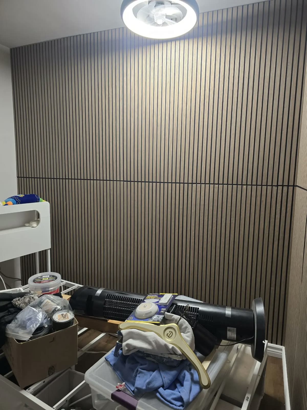 Second of the two finished rooms with a wood-slat accent wall